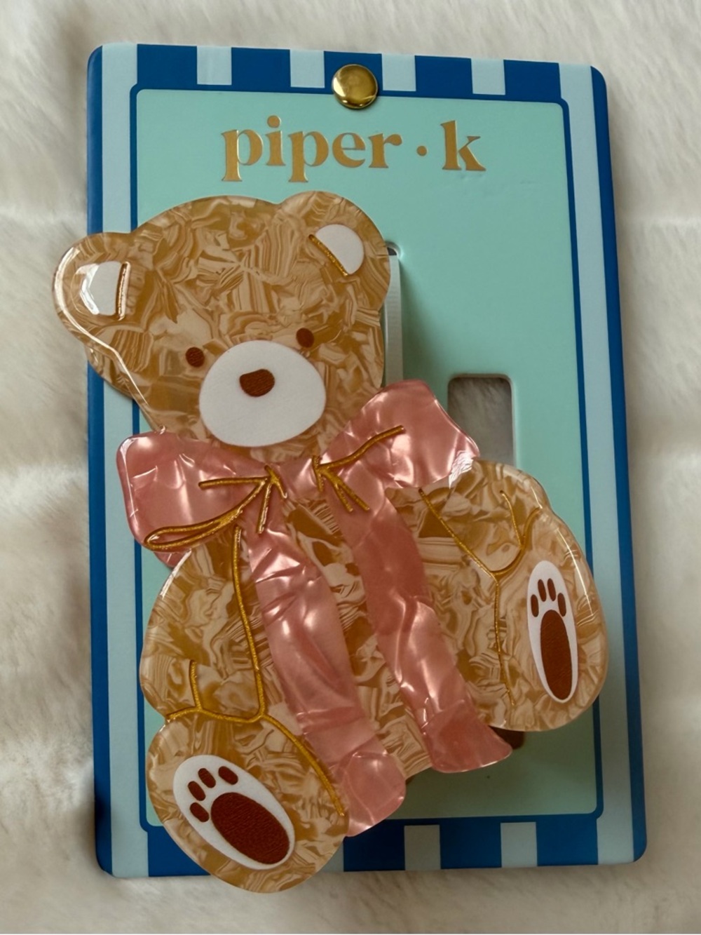 Piper K Teddy Bear Hair Clip Large Claw Pink Bow Acrylic Coquette Y2K NWT Gift